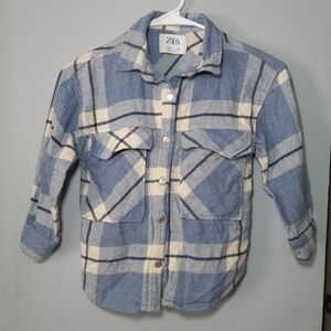 Sz 6-7 Zara Boys Flannel Shrit Blue Plaid Longsleeve Button Down Top
